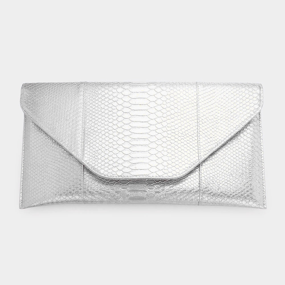 Silver Animal Print Crocodile Skin Patterned Envelope Clutch Bag